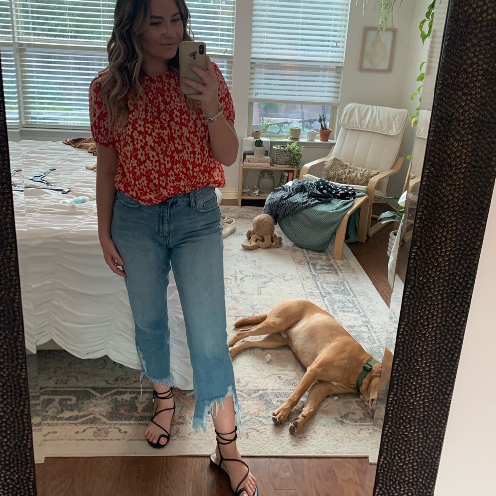 Madewell Crinkled Button Back Tie Tee Full Bloom Red Floral Top - Women